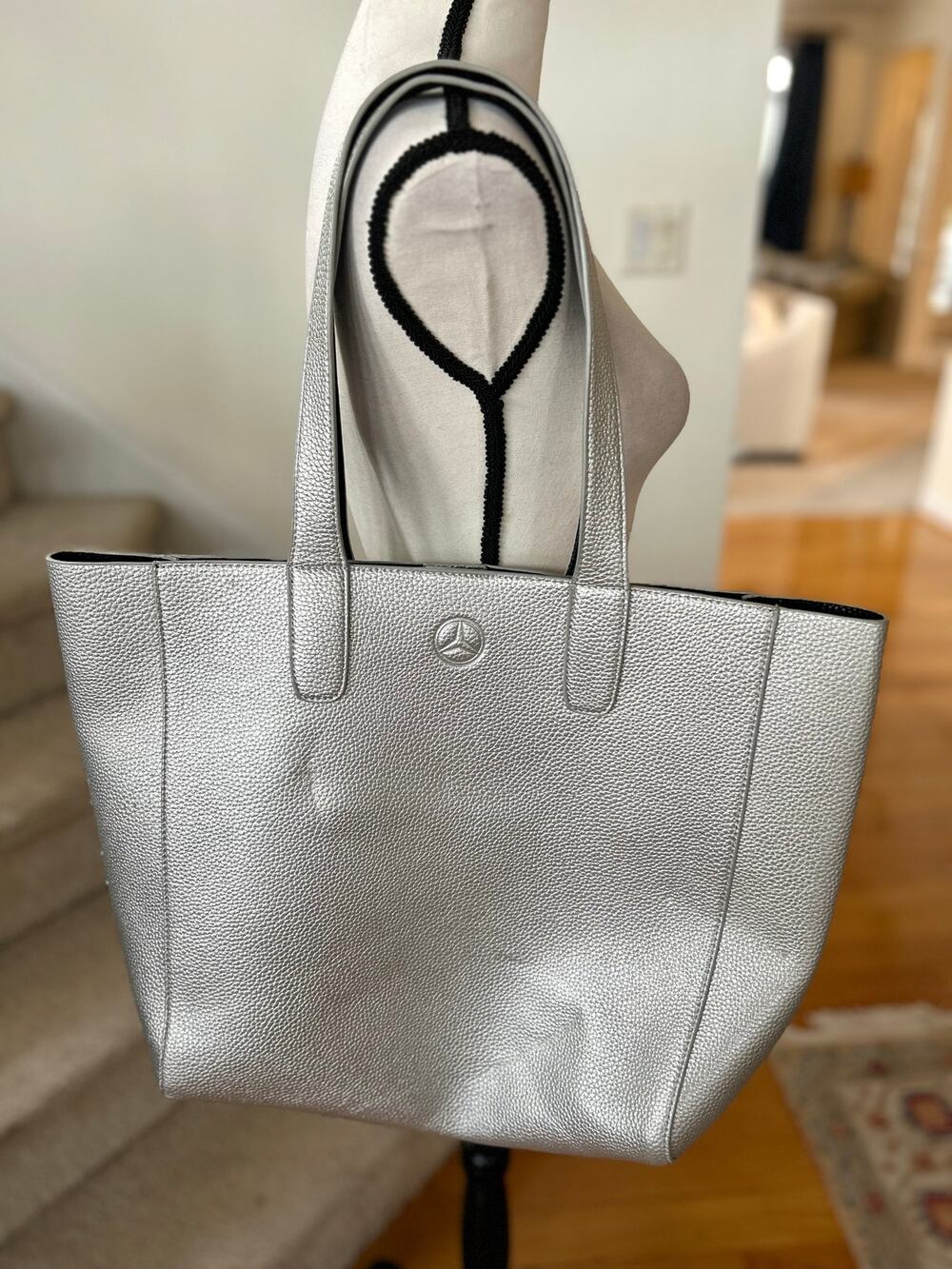 Mercedes Silver Faux Pebbled Leather Oversize Shoulder Tote Bag 14x19.5